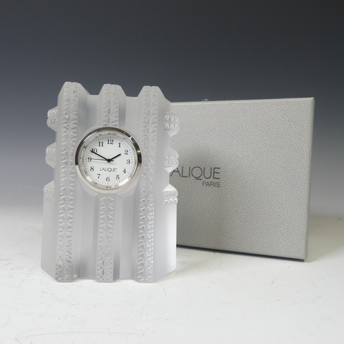 169 - A modern Lalique frosted glass cased Clock, with etched signature to side, boxed, H 11.5cm.... 