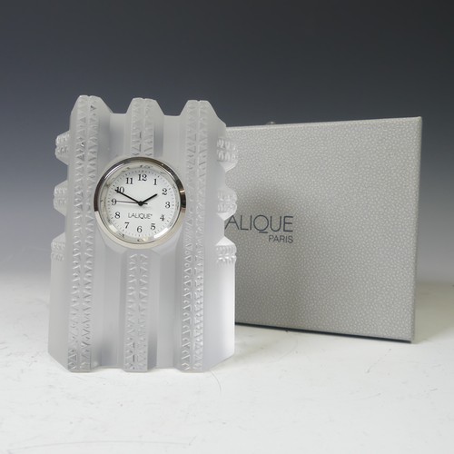 169 - A modern Lalique frosted glass cased Clock, with etched signature to side, boxed, H 11.5cm.... 