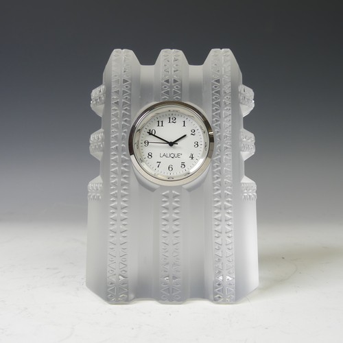 169 - A modern Lalique frosted glass cased Clock, with etched signature to side, boxed, H 11.5cm.... 