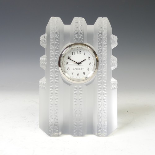 169 - A modern Lalique frosted glass cased Clock, with etched signature to side, boxed, H 11.5cm.... 