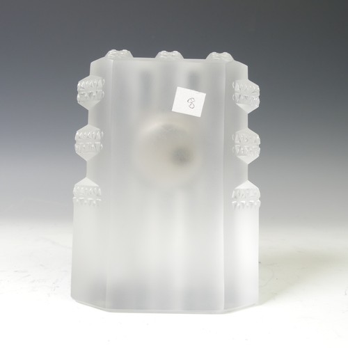 169 - A modern Lalique frosted glass cased Clock, with etched signature to side, boxed, H 11.5cm.... 