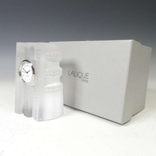 169 - A modern Lalique frosted glass cased Clock, with etched signature to side, boxed, H 11.5cm.... 