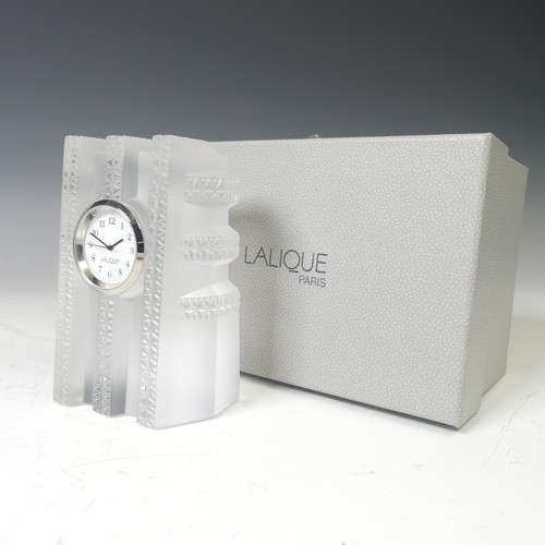 169 - A modern Lalique frosted glass cased Clock, with etched signature to side, boxed, H 11.5cm.... 