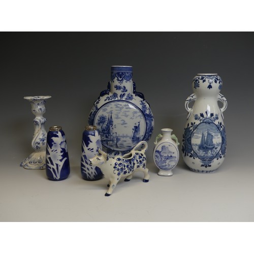 198 - A quantity of decorative blue and white Ceramics, to comprise Delft Vase, Cow Creamer, etc. and meat... 