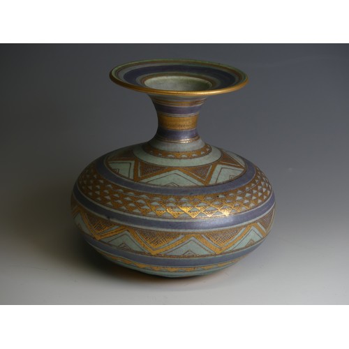 199 - Mary Rich (1940-2022); a studio pottery Waisted Vase, the blue body decorated in bands of geometric ... 