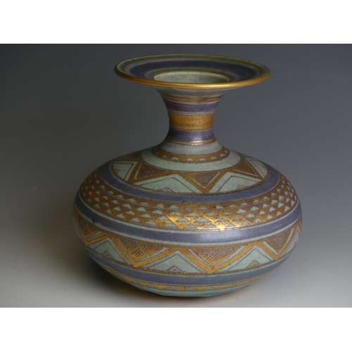 199 - Mary Rich (1940-2022); a studio pottery Waisted Vase, the blue body decorated in bands of geometric ... 