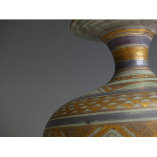 199 - Mary Rich (1940-2022); a studio pottery Waisted Vase, the blue body decorated in bands of geometric ... 