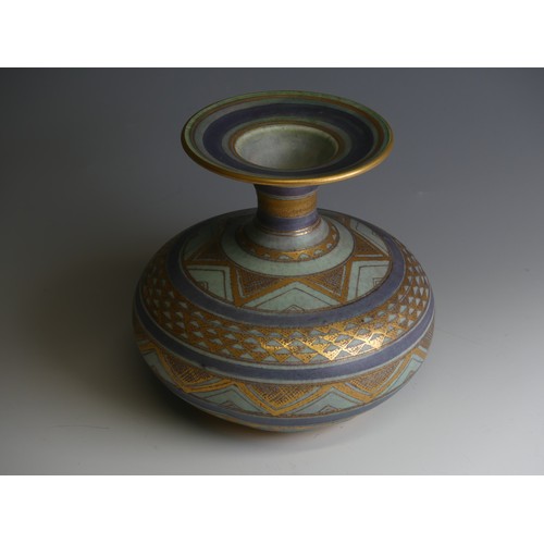 199 - Mary Rich (1940-2022); a studio pottery Waisted Vase, the blue body decorated in bands of geometric ... 