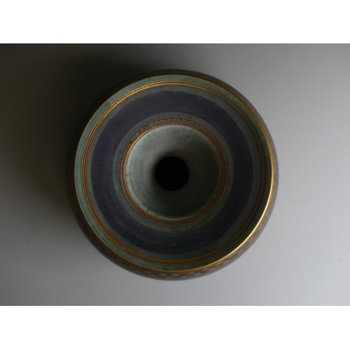 199 - Mary Rich (1940-2022); a studio pottery Waisted Vase, the blue body decorated in bands of geometric ... 