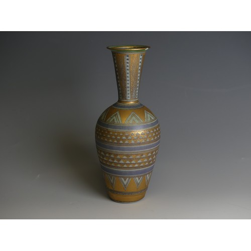 200 - Mary Rich (1940-2022); a studio pottery Bottle Vase, decorated in blue ground with bands of geometri... 