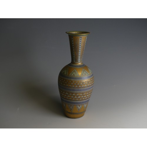 200 - Mary Rich (1940-2022); a studio pottery Bottle Vase, decorated in blue ground with bands of geometri... 