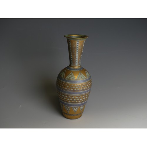 200 - Mary Rich (1940-2022); a studio pottery Bottle Vase, decorated in blue ground with bands of geometri... 