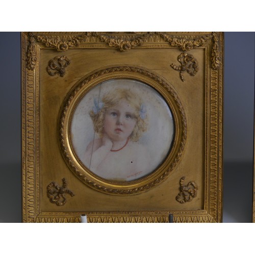 277 - A pair of early 20thC Portrait Miniatures of young girls, watercolour on ivory, indistinctly signed ... 