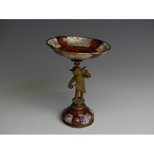 159 - A 19thC French enamel and gilt bronze figural Dish, the detachable bowl with painted panels of class... 