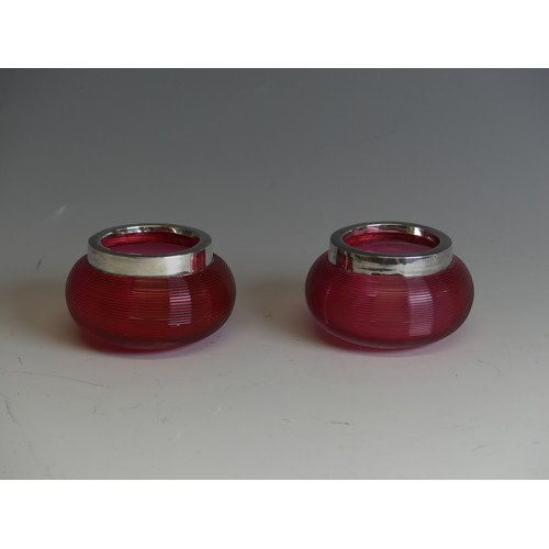 141 - A pair of Edwardian cranberry glass and silver mounted Match Strikers, of squat bulbous form, hallma... 