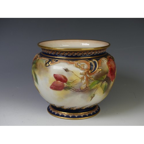 173 - An early 20thC Royal Worcester Hadley's Ware porcelain Jardiniere, with painted floral scenes and mo... 