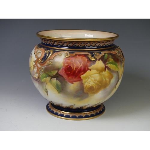 173 - An early 20thC Royal Worcester Hadley's Ware porcelain Jardiniere, with painted floral scenes and mo... 