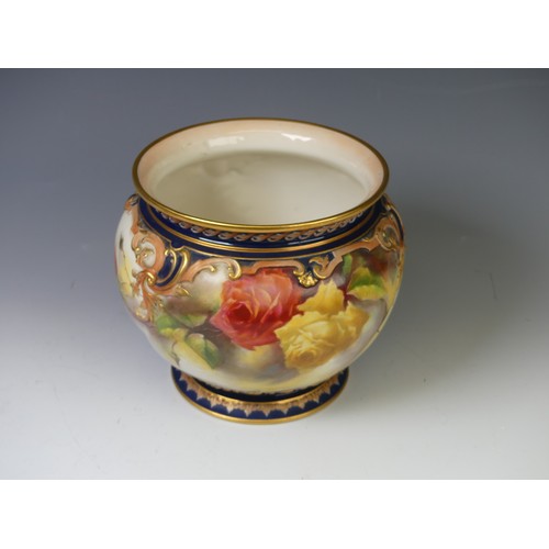 173 - An early 20thC Royal Worcester Hadley's Ware porcelain Jardiniere, with painted floral scenes and mo... 