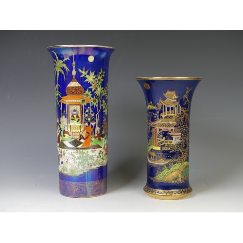 146 - A large Carltonware chinoiserie Sleeve Vase, of blue ground with gilt and colourful overpainted scen... 