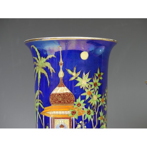 146 - A large Carltonware chinoiserie Sleeve Vase, of blue ground with gilt and colourful overpainted scen... 