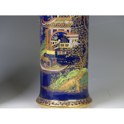 146 - A large Carltonware chinoiserie Sleeve Vase, of blue ground with gilt and colourful overpainted scen... 