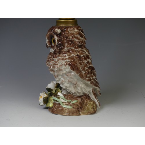 192 - A Victorian porcelain owl oil Lamp Base, c. 1880, the body modelled as an owl perched on flora with ... 