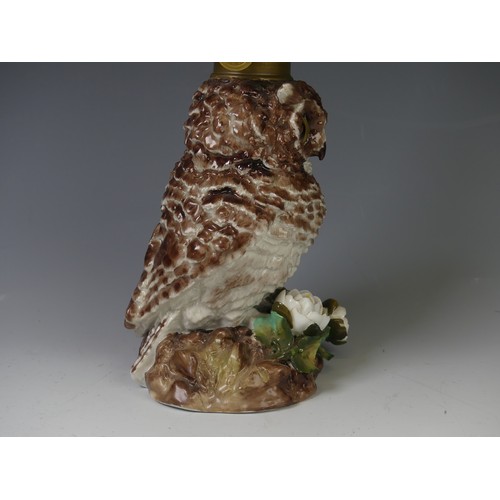 192 - A Victorian porcelain owl oil Lamp Base, c. 1880, the body modelled as an owl perched on flora with ... 