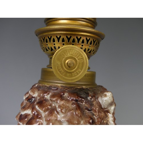 192 - A Victorian porcelain owl oil Lamp Base, c. 1880, the body modelled as an owl perched on flora with ... 