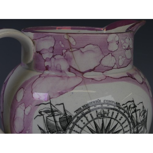 138 - A 19thC Sunderland lustre Jug, with transfer printed panel of a bridge and mariner's compass, togeth... 