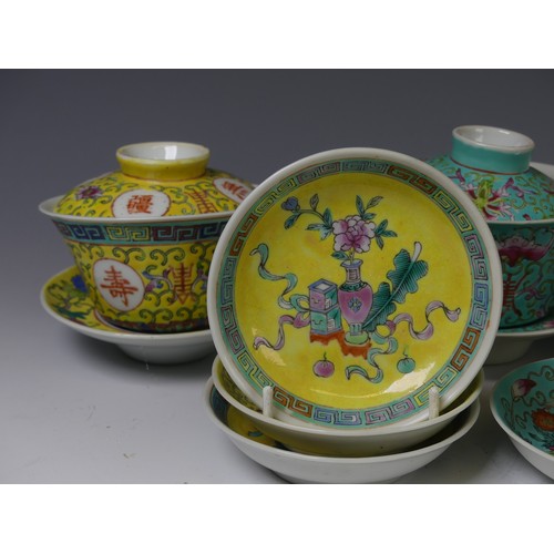 237 - A small quantity late 20thC Chinese Teawares, to comprise four Chinese famille jaune Bowls with corr... 