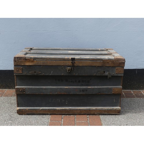 228 - A large Antique painted wood military travelling Chest, belonging to 'Lieut. Col. R.L.Vance', with o... 