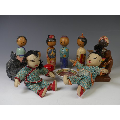 231 - A quantity of vintage Japanese wooden Dolls, with peg joint heads, together with a quantity of other... 