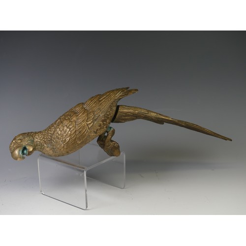 268 - A mid 20thC gilt brass sculpture of a parrot, head to tail 44 cm.