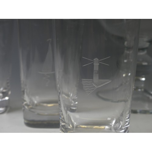 190 - A set of eight maritime interest Orrefors glass Tumblers, circa 1930, together with a large glass Di... 