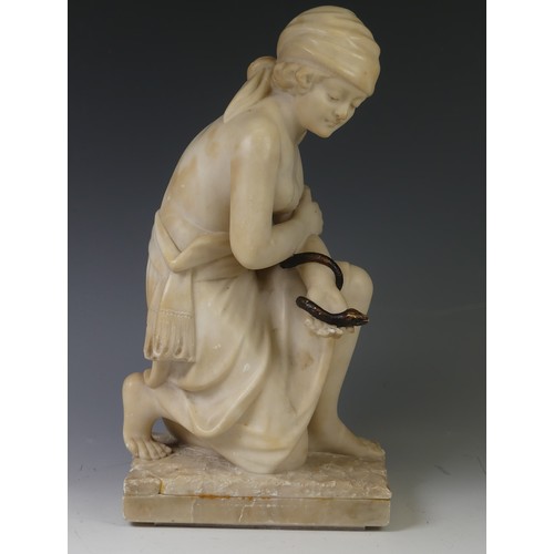 266 - An alabaster sculpture of Cleopatra, modelled half nude, kneeling and with a brown snake coiled arou... 