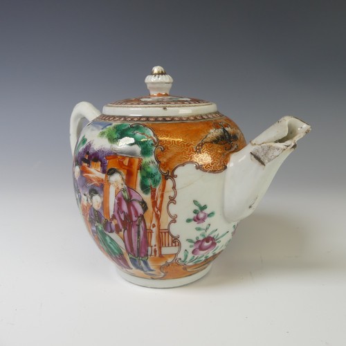 248 - An 18thC Chinese mandarin pattern Teapot, with central scenes depicting villagers enclosed within gi... 