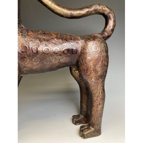 271 - A large pair of African 'Benin' Leopards, patinated resin bronze with engraved circular design, one ... 