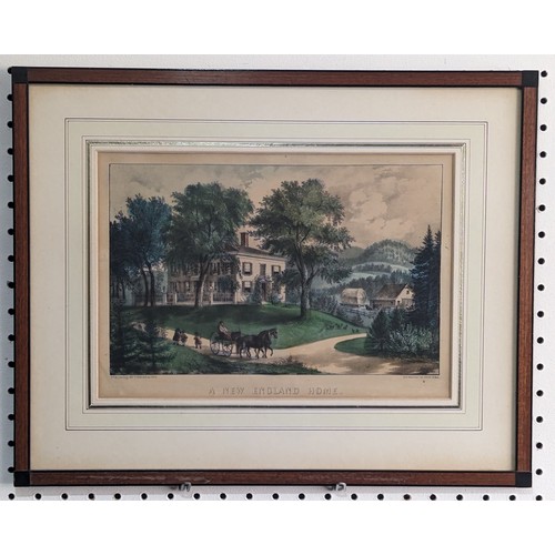 298 - Currier & Ives, A New England Home, hand coloured lithograph,20cm x 31.4cm, together with three ... 