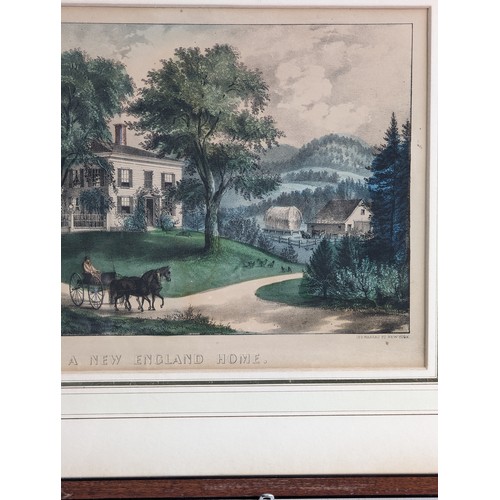 298 - Currier & Ives, A New England Home, hand coloured lithograph,20cm x 31.4cm, together with three ... 