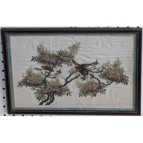 245 - Two pairs of early 20thC Chinese Pictures, one pair hand-embroidered on silk depicting  exotic birds... 