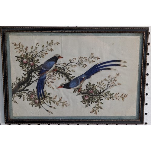 245 - Two pairs of early 20thC Chinese Pictures, one pair hand-embroidered on silk depicting  exotic birds... 