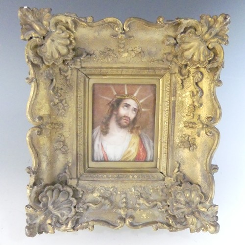 289 - 19thC School, of Christ, oil on board miniature Portrait of Christ, with crown of thorns, framed, 10... 