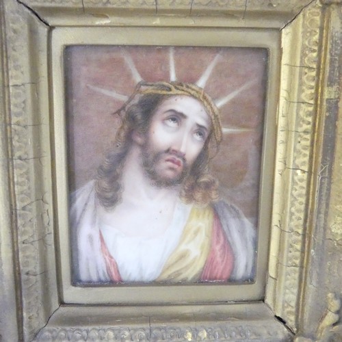 289 - 19thC School, of Christ, oil on board miniature Portrait of Christ, with crown of thorns, framed, 10... 