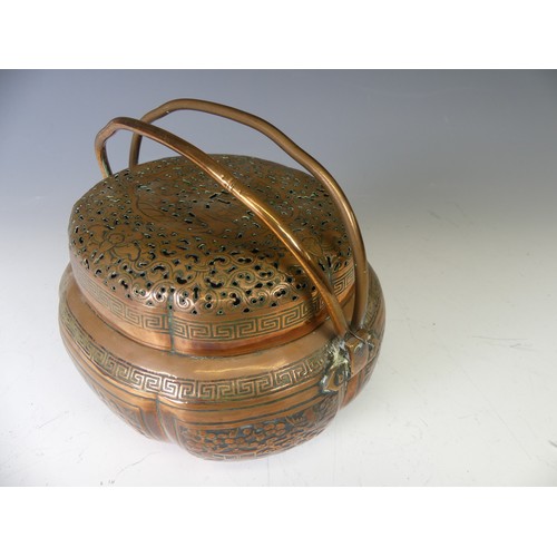 216 - A Chinese copper Hand Warmer, the body of lobed oval form with six panels of decoration depicting bu... 