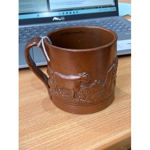 2 - A 19thC Staffordshire pottery Frog Mug, in pale blue ground, with floral decoration in relief, gilt ... 