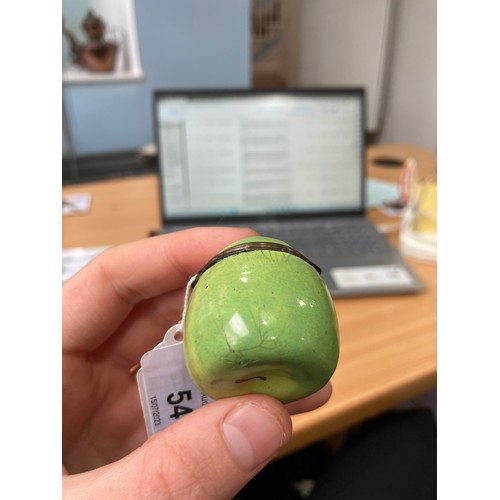 54 - A late 18thC South Staffordshire enamel Bonbonnière, modelled as an apple, decorated in a green grou... 