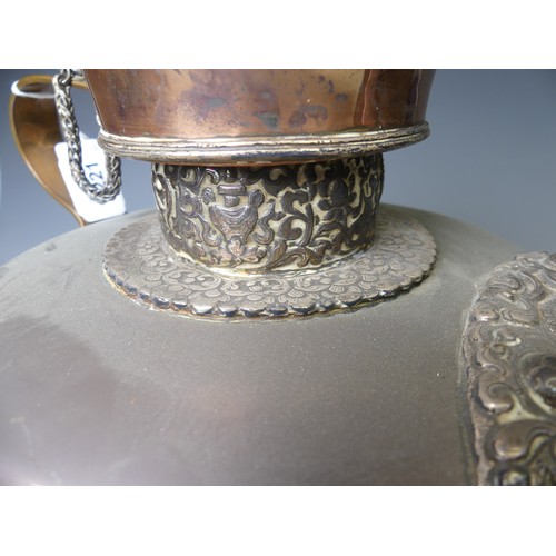 221 - A pair of 19thC Tibetan silver mounted copper ceremonial Teapots, of typical form, the removable dom... 