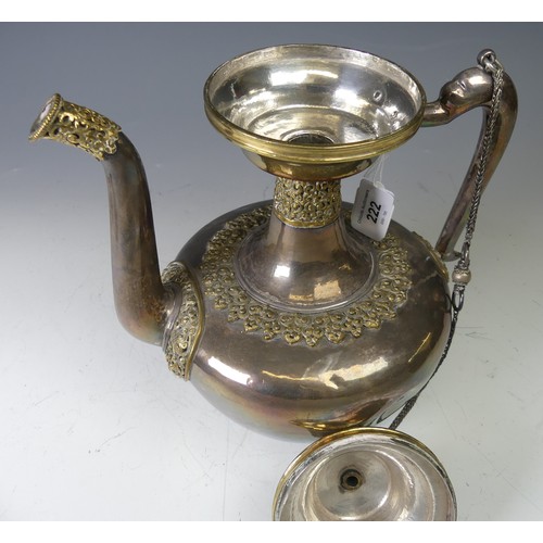 222 - A 19thC Tibetan silver and parcel-gilt ceremonial Teapot / Ewer, the plain tapering circular body wi... 