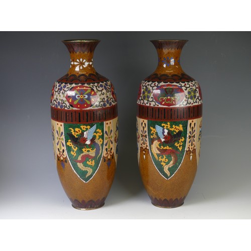 260A - A pair of 20thC Japanese cloisonné Vases, of brown ground with dragon decoration, H 38cm, tog... 