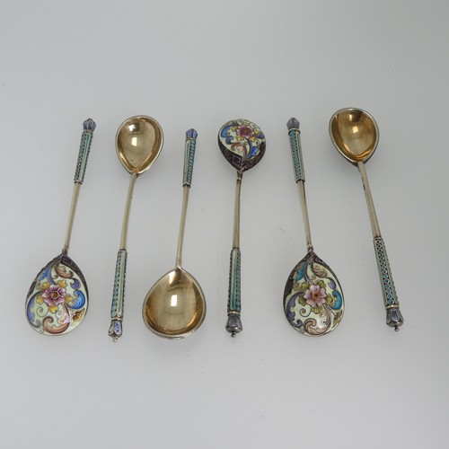 14 - A set of six Russian silver gilt and enamelled Spoons, four 88 zolotniki, two marked 84, 11cm long, ... 